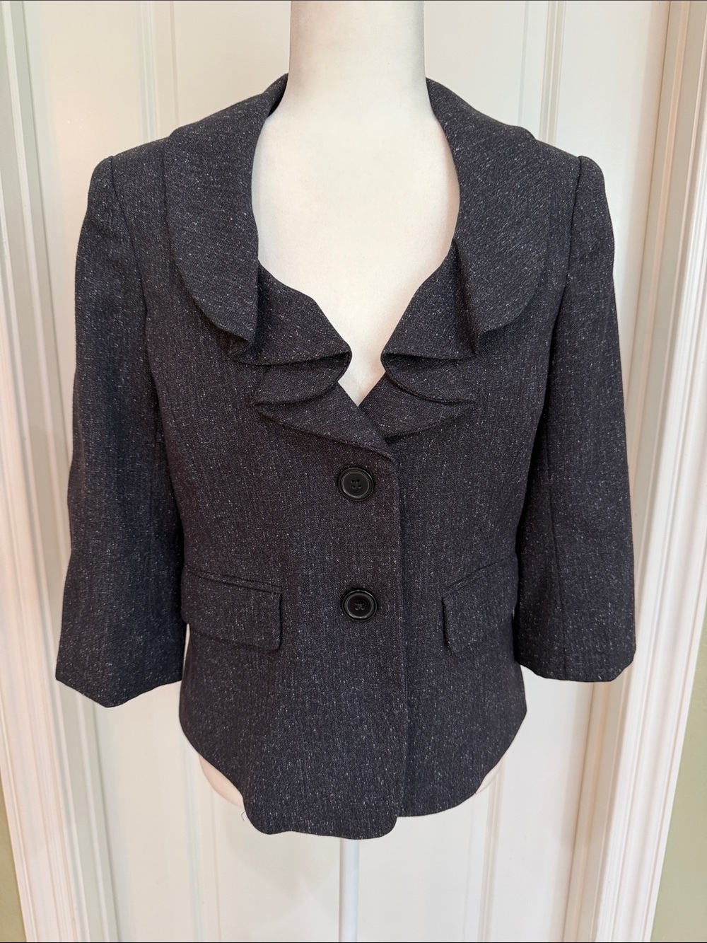 LOFT Dark Gray Ruffled Collar Blazer Jacket